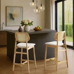 Tabouret Snack (assise +/- 65 Cm)|Tabouret De Bar (assise +/- 80 Cm)*AugustinTabouret snack avec dossier en cannage et assise en tissu